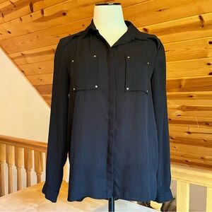 H&M Women's Sheer Long Sleeve Button Up Dress Shirt Gold Stud Hardware Size 2